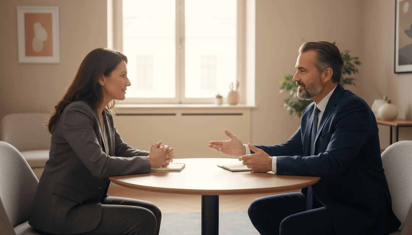 Advisor in an open conversation with a client over documents