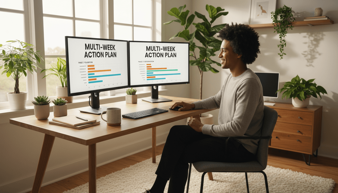 Person reviewing an action plan checklist at a bright workspace