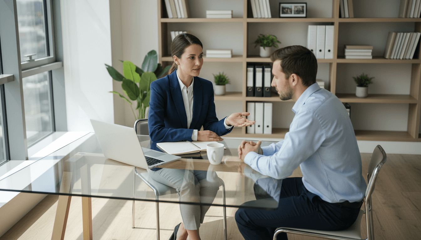 Advisor in a direct conversation with a client in a modern office