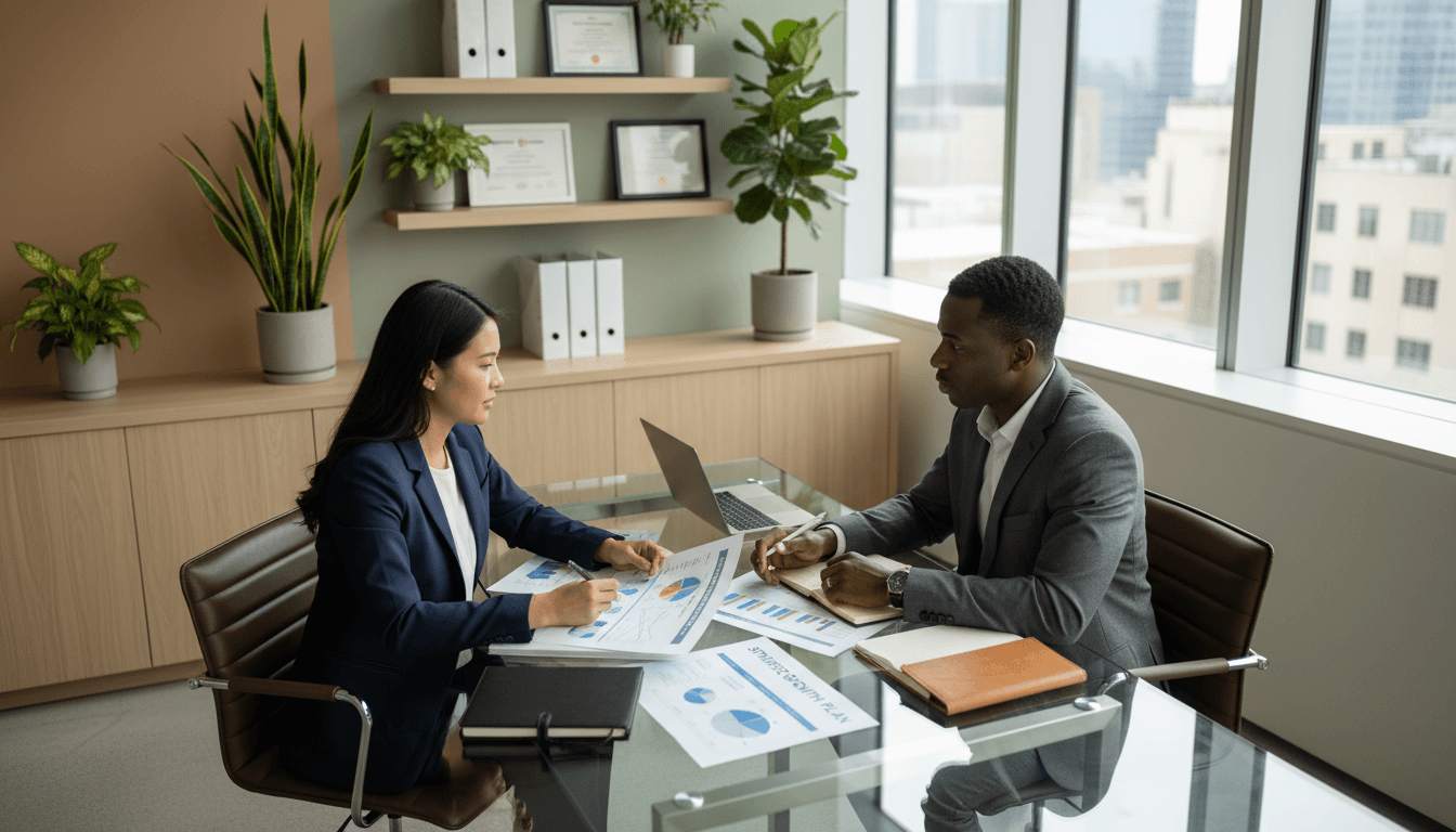 Financial advisor meeting with a client at a desk in modern office