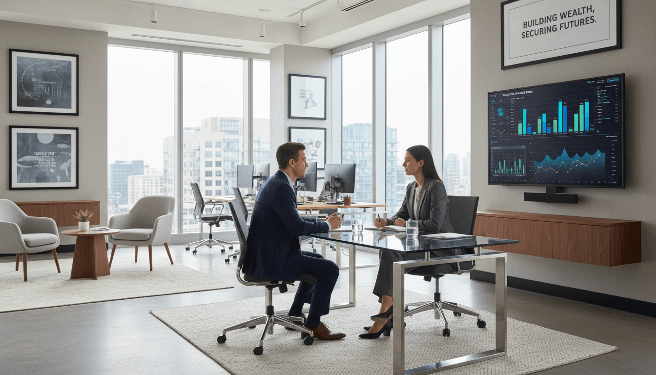 Financial advisor meeting with a client in a modern office