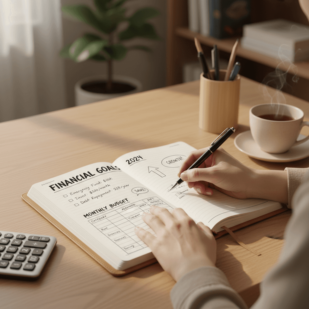 Person writing financial goals in a notebook at a tidy desk