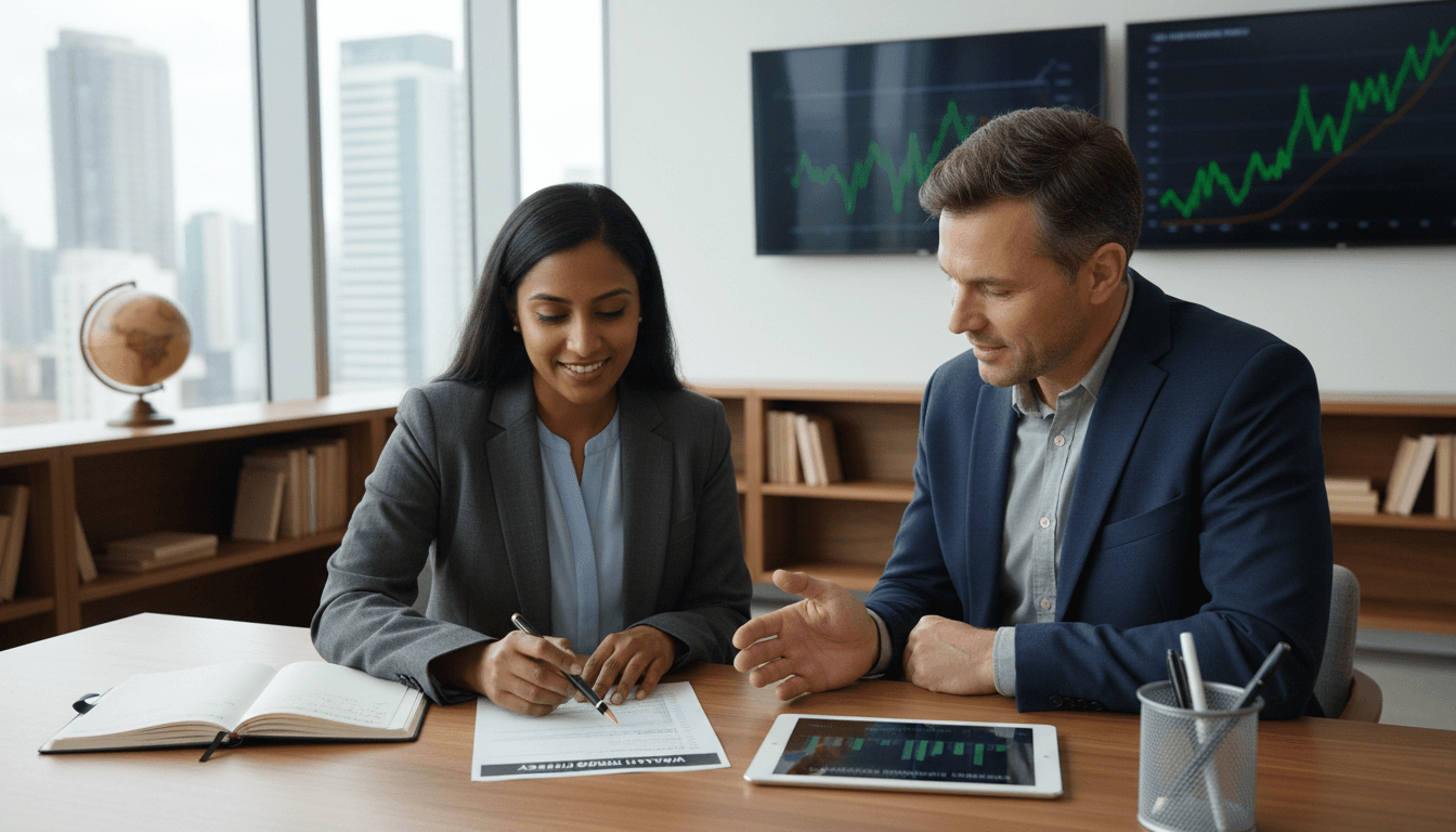 Professional financial advisor meeting with a client in a modern office